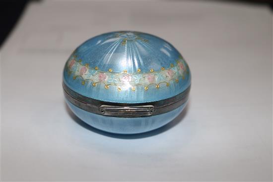 An early 20th century continental silver and blue guilloche enamel circular powder box, with hinged lid